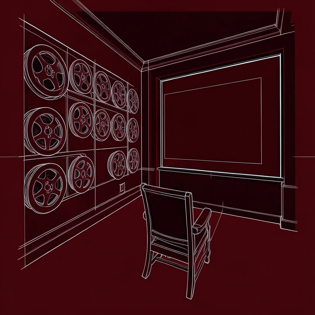 A dim cinematic blueprint sketch in deep charcoal red and black tones, showing a row of film reels lined along a viewing wall with a single chair facing a blank screen, conveying an intimate theater mood.